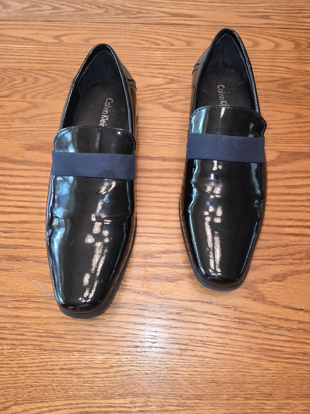 Calvin Klein Men's Black Patent Slip-On Loafers with Navy Elastic Size 9.5 EE